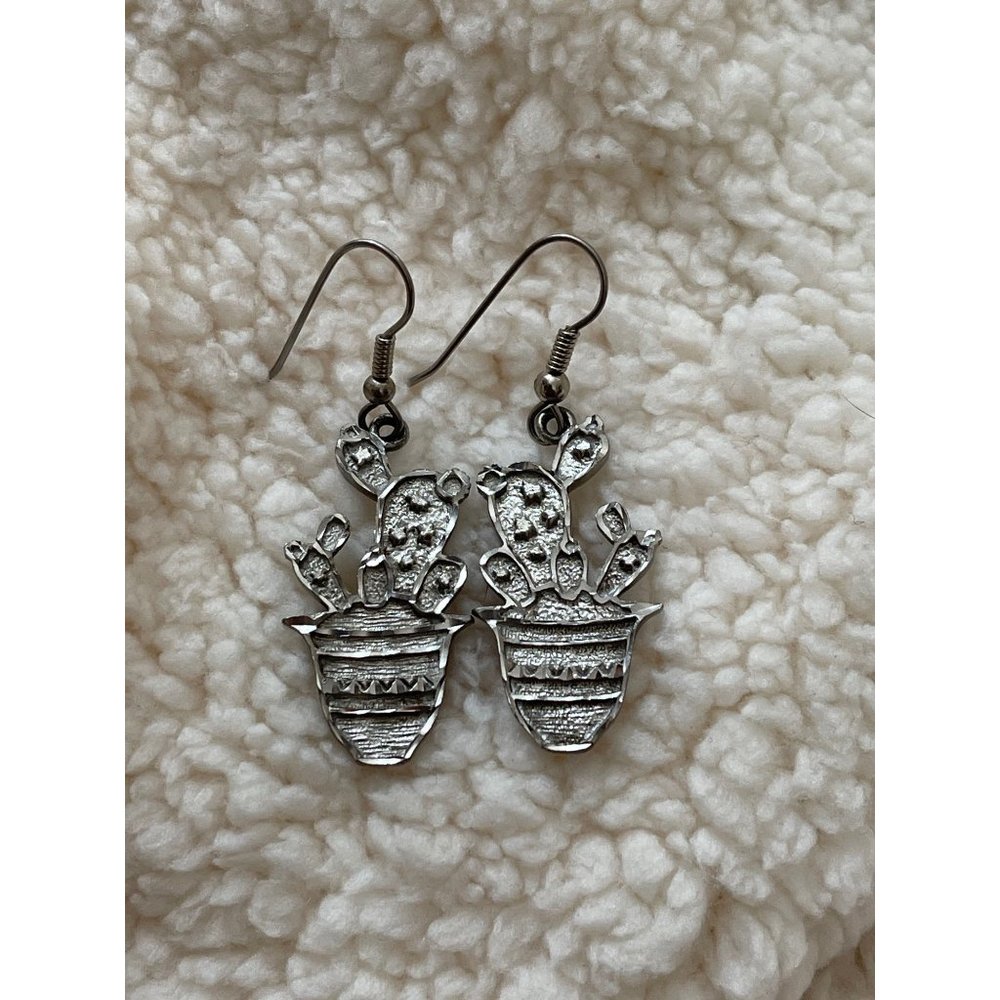 Vintage HAACK ‘91 Silver Tone Potted Cactus Earrings